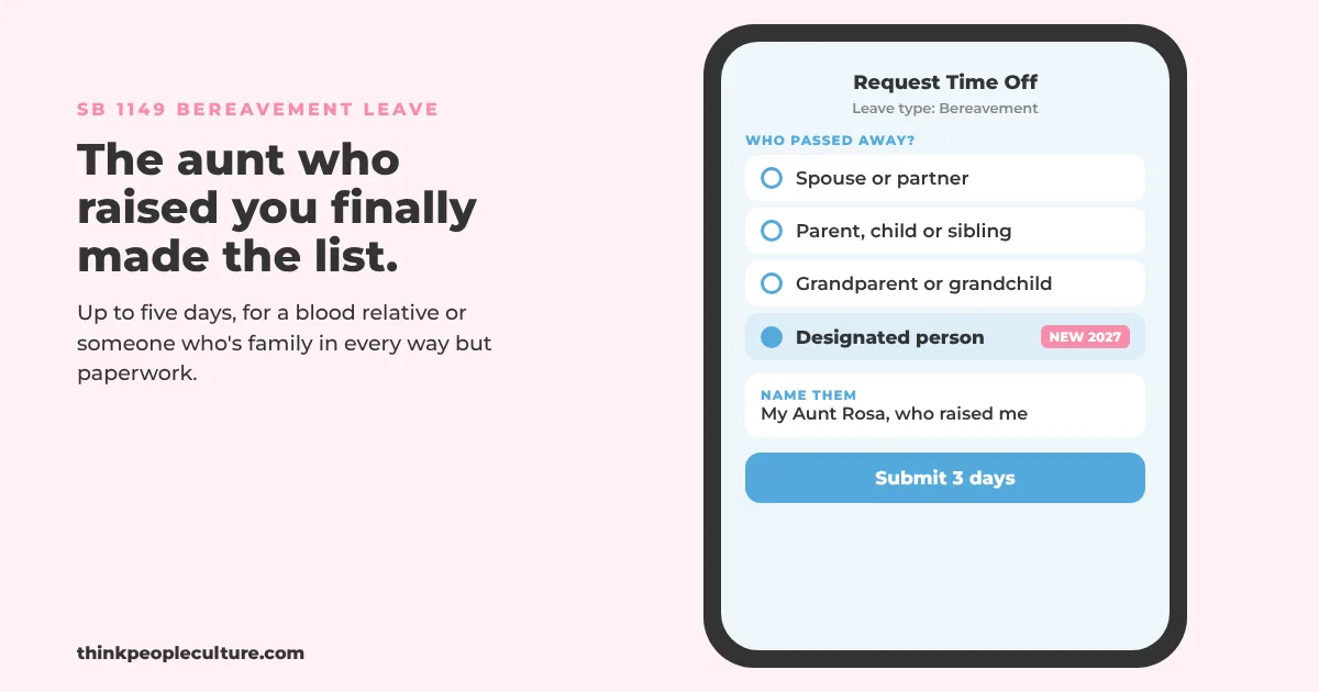 Phone screen showing a bereavement leave request for an aunt, with a new designated person option added to the relationship list