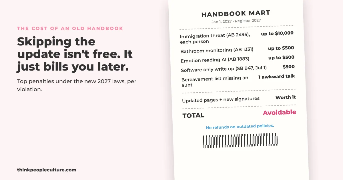 Long store receipt listing the penalties for an outdated handbook in 2027, including up to 10,000 dollars per person for immigration related retaliation