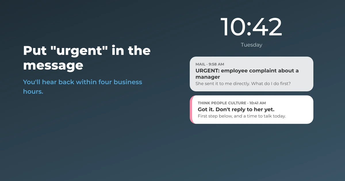 Phone lock screen with an urgent employee complaint email and a reply from Think People Culture 43 minutes later