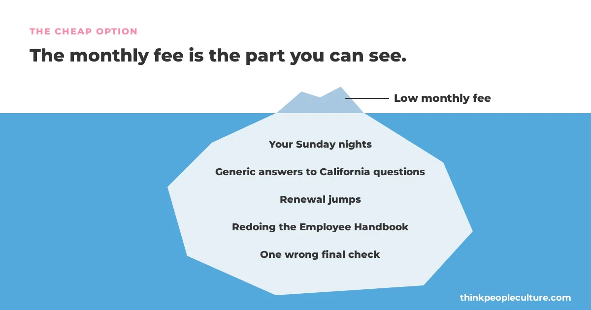 Iceberg with a low monthly fee above the water and hidden costs below like your time, wrong answers, renewal jumps and redoing the Employee Handbook