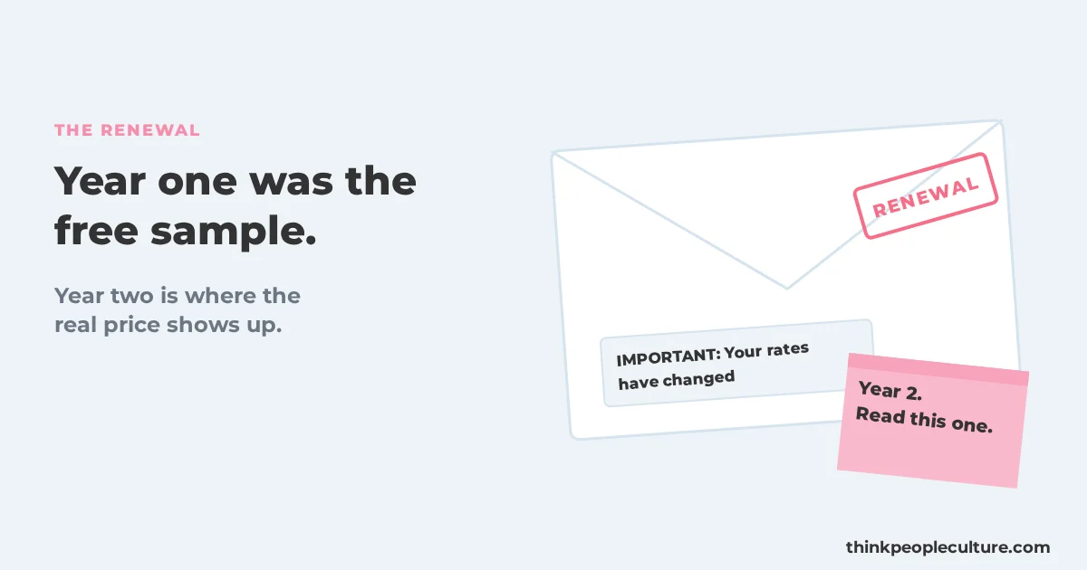 Envelope from a benefits provider that says your rates have changed with a sticky note that says year two