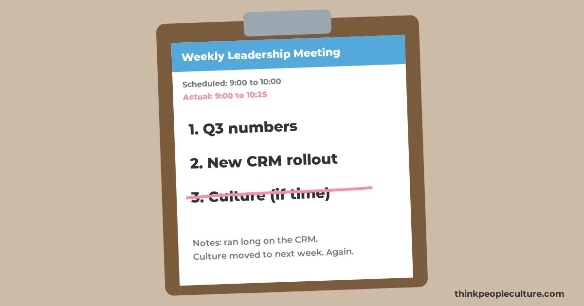 Leadership meeting agenda with culture crossed off as item three, if time, after the meeting ran 25 minutes over