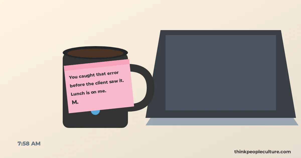 Pink sticky note on a coffee mug thanking a coworker for catching an error, a small moment of recognition that builds company culture