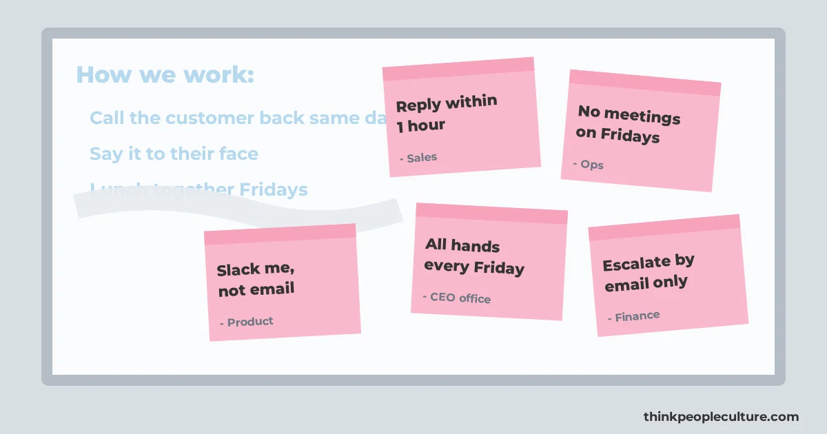 Office whiteboard where the founder's original rules for how we work show through under conflicting sticky notes from different managers, a picture of culture drift