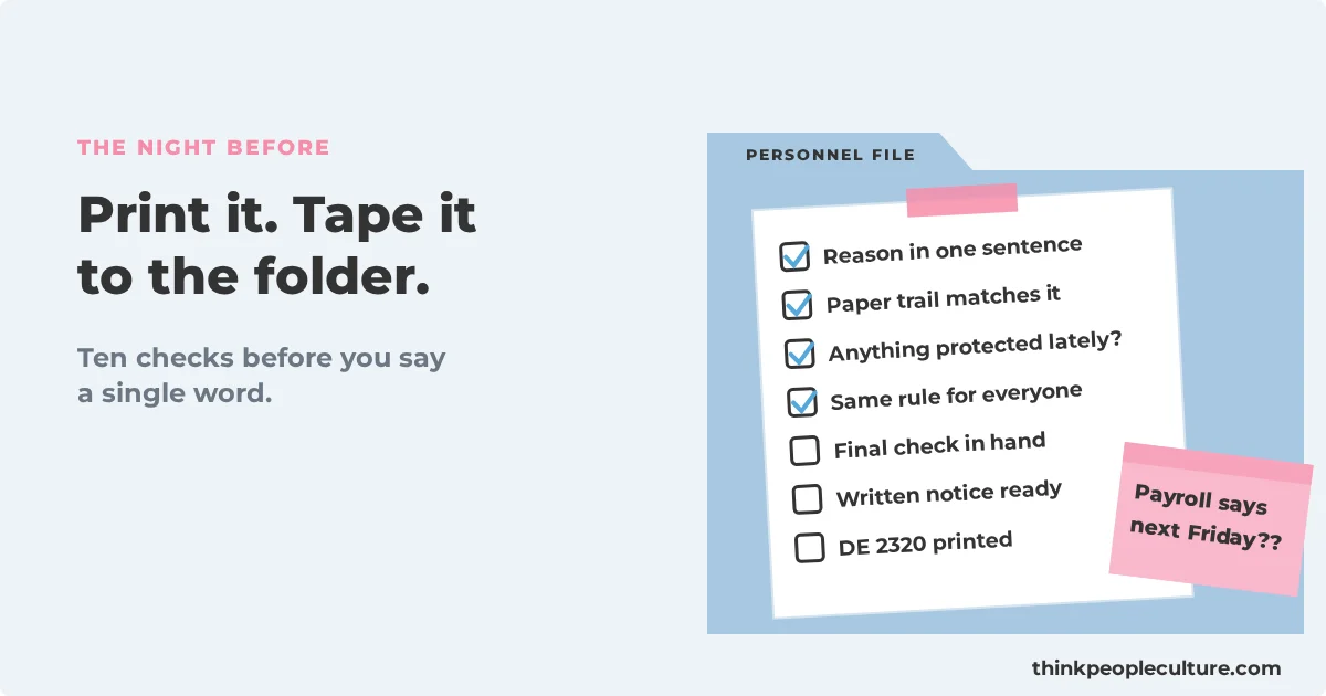 Termination checklist taped to a personnel file with a sticky note that says Payroll says next Friday next to Final check in hand