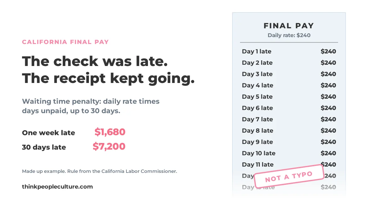 Receipt charging 240 dollars for each day a California final paycheck is late, with totals of 1,680 dollars for one week and 7,200 dollars for 30 days
