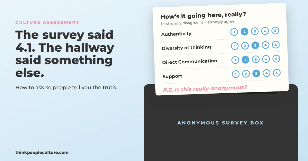 Paper culture survey card dropped in a box, with a handwritten note asking whether the survey is really anonymous