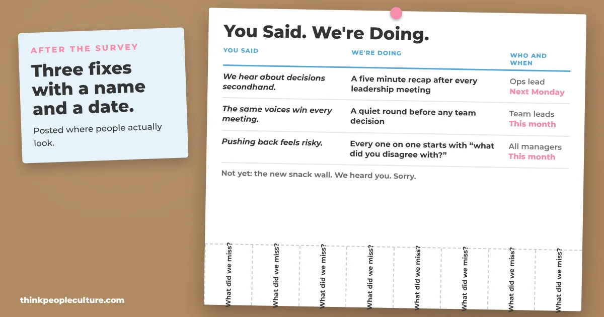 Break room bulletin board flyer titled You Said, We're Doing with three fixes, owners and dates, and tear off tabs at the bottom