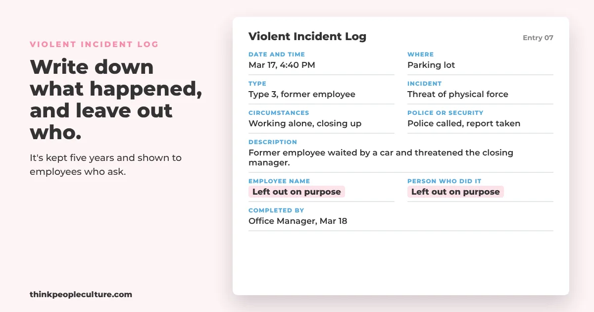 Violent incident log form with date, type and description filled in and the name field marked left out on purpose