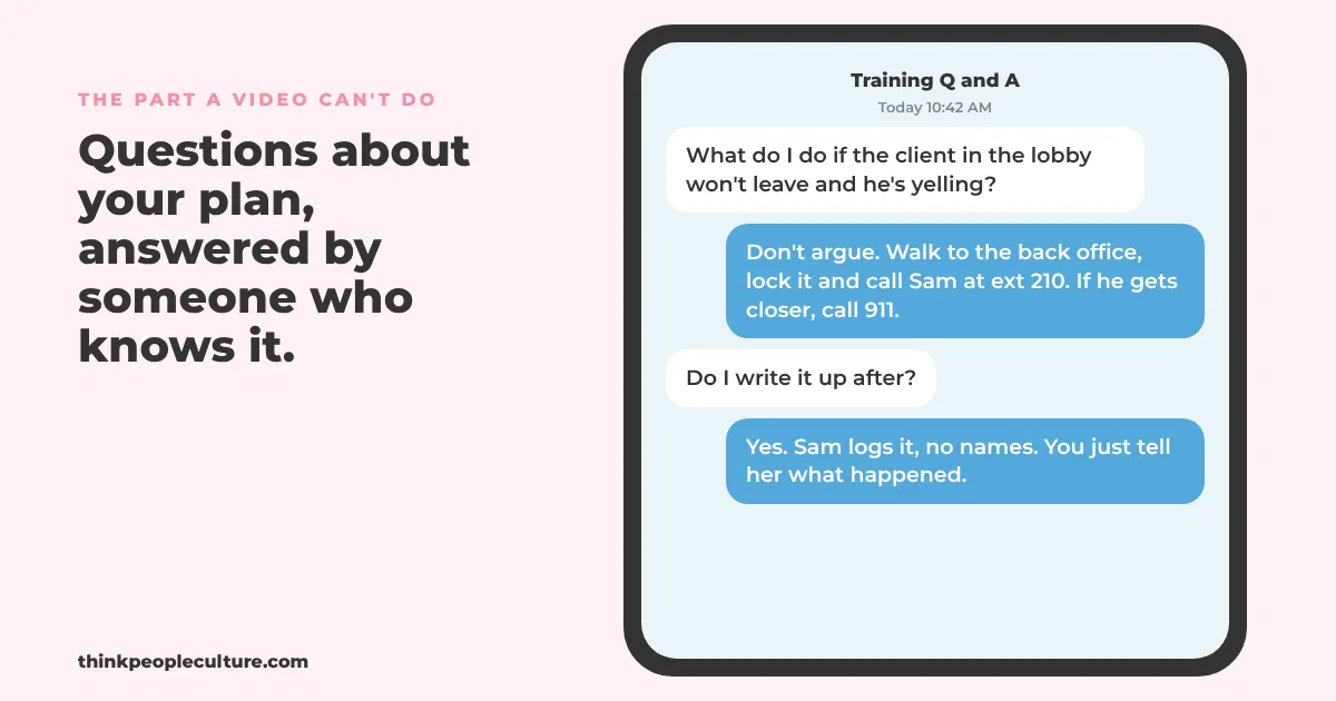Phone text thread where an employee asks what to do about an angry client in the lobby and gets a clear answer tied to the company plan
