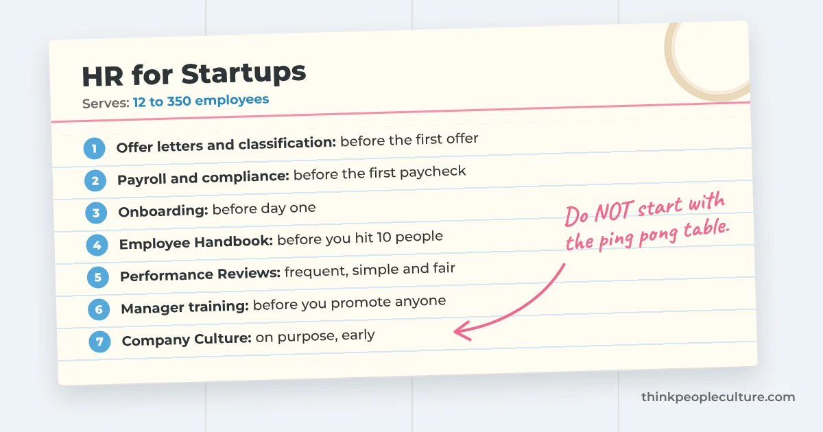 Recipe card for HR for Startups with seven HR basics in order and a handwritten note: don't start with the ping pong table