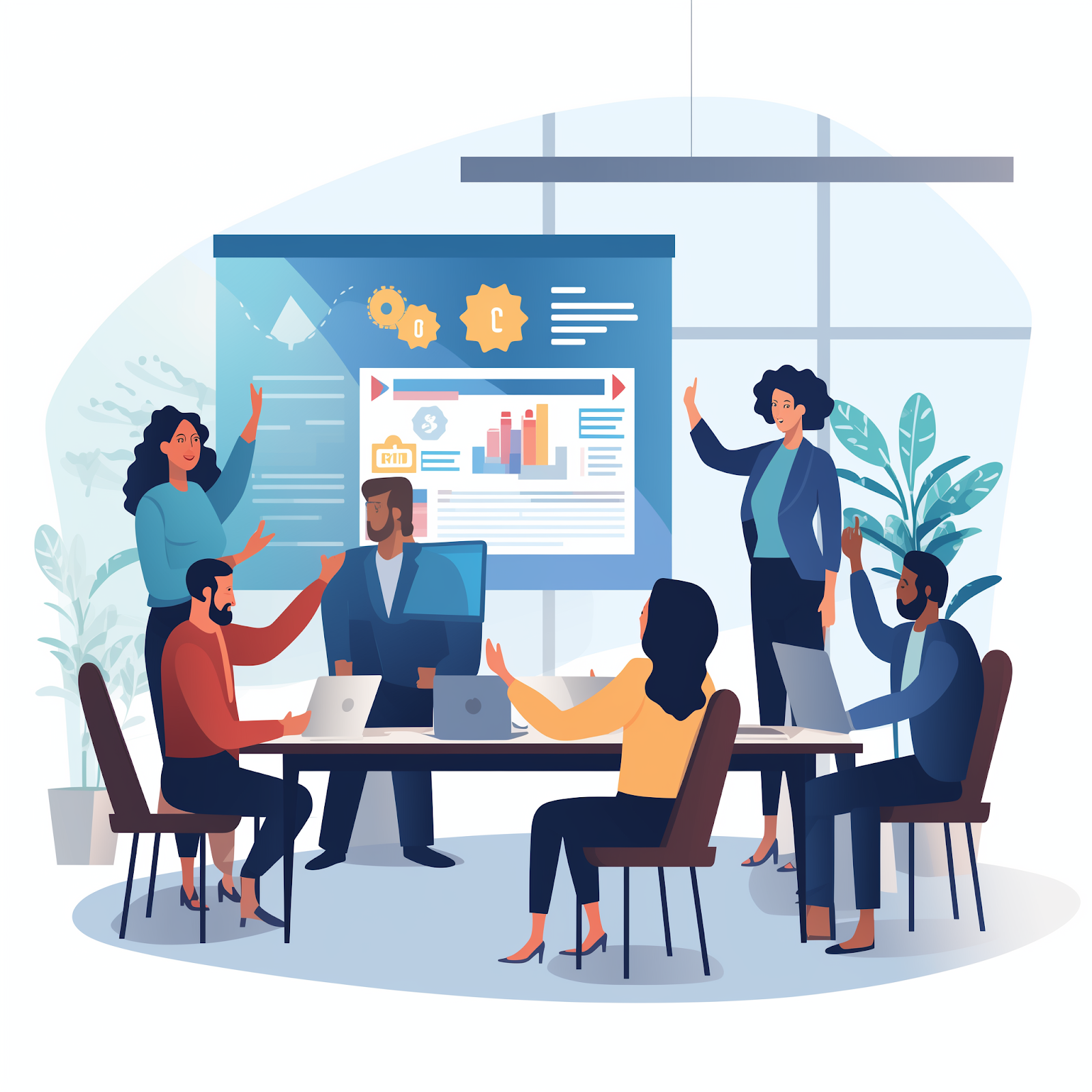 A colorful meeting room scene with a diverse group of professionals collaborating over a hybrid work strategy, emphasizing teamwork and innovation.