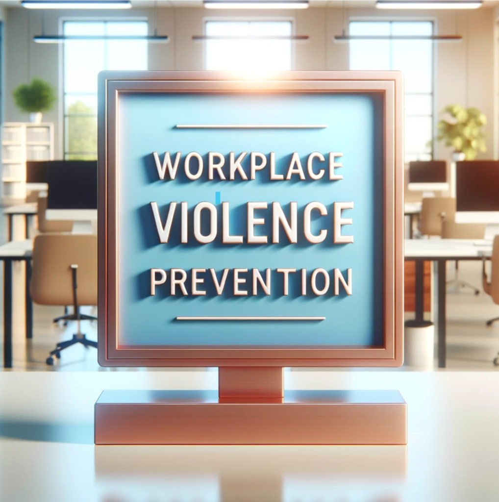 Workplace Violence Prevention sign in a modern office setting, featuring blue and pink hues.